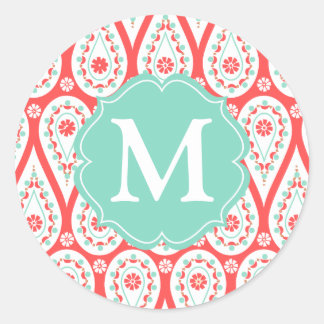 Sticker Rond Personnalized moderne Damask Coral Paisley