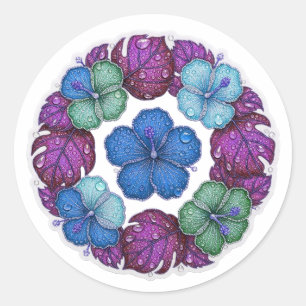 Sticker Rond Pétales d'Hibiscus Bleu Vert Violet et Gouttes de 