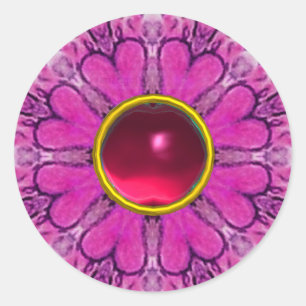 STICKER ROND PETAUX DE FLEURS ROSES, COEURS FLORAUX ET PIERRE D