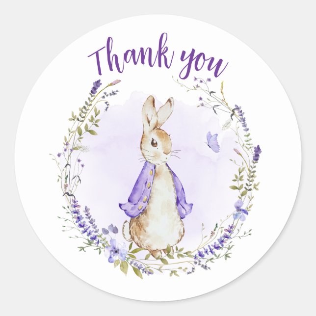 Sticker Rond Peter Rabbit Baby shower violet Merci de  (Devant)