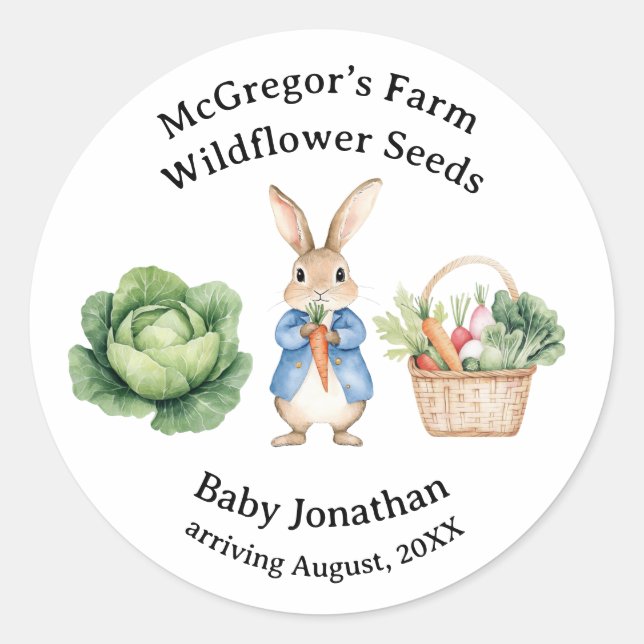 Sticker Rond Peter Rabbit Veggie Panier Baby shower Favoriser (Devant)