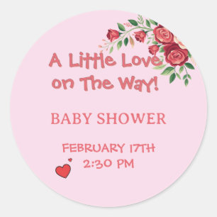 Sticker Rond Petit amour en route ! Baby shower rose