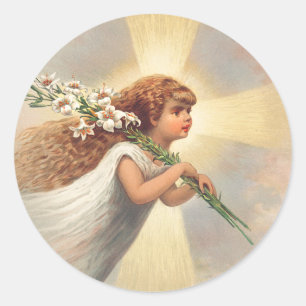 Sticker Rond Petit ange bébé tenant des lys