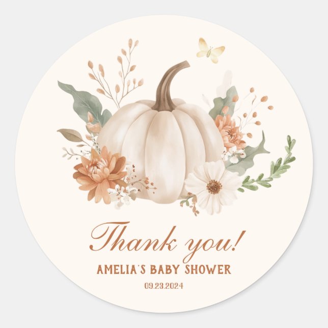 Sticker Rond Petit Baby shower Citrouille | Belle Automne (Devant)