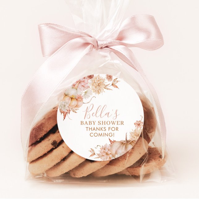 Sticker Rond Petit Baby shower Citrouille Chute rose Fleur Fave (Fall Pumpkin Baby Shower Favor Stickers)