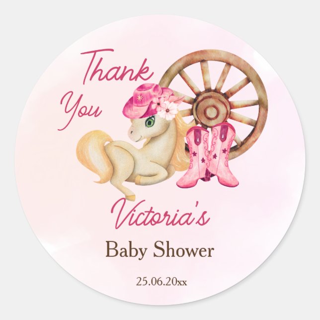 Sticker Rond Petit baby shower cowgirl merci (Devant)