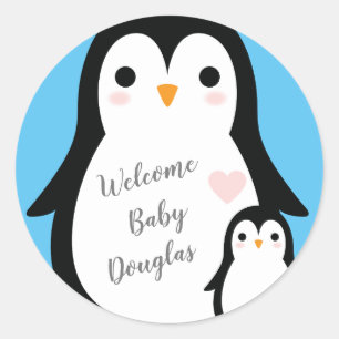 Sticker Rond Petit Baby shower de pingouin bleu garçon