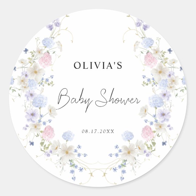 Sticker Rond Petit Baby shower Fleur sauvage rose pourpre (Devant)