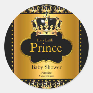 Sticker Rond Petit Baby shower Prince Boy Couronne Black Gold