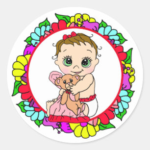 Sticker Rond Petit bébé doux avec ours en peluche Floral