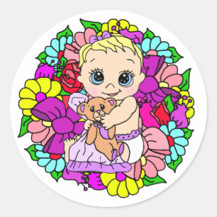 Sticker Rond Petit bébé doux avec ours en peluche Floral