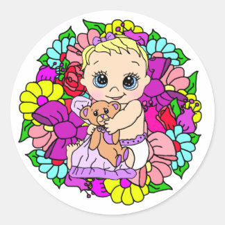 Sticker Rond Petit bébé doux avec ours en peluche Floral
