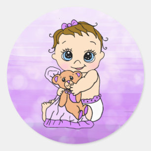 Sticker Rond Petit bébé doux avec ours en peluche Purple Baby