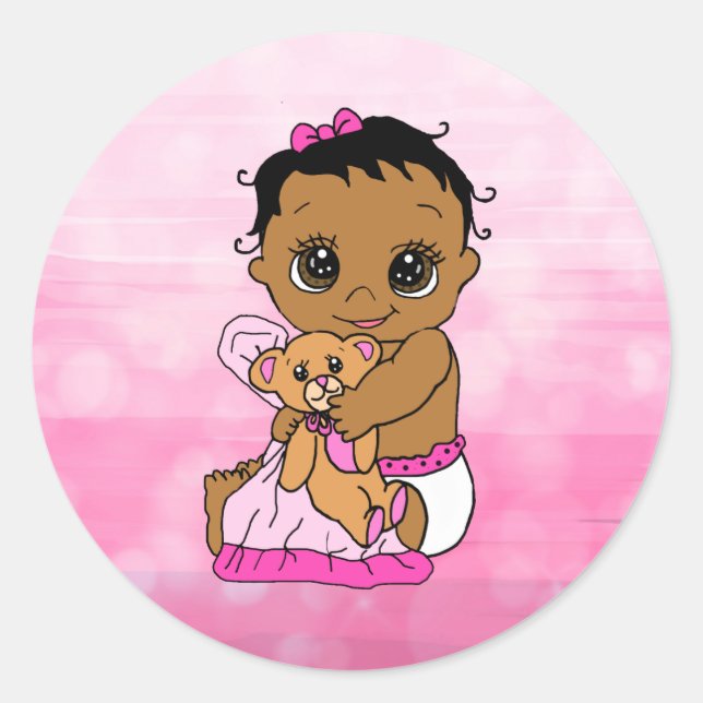 Sticker Rond Petit bébé ethnique doux avec ours en peluche rose (Devant)