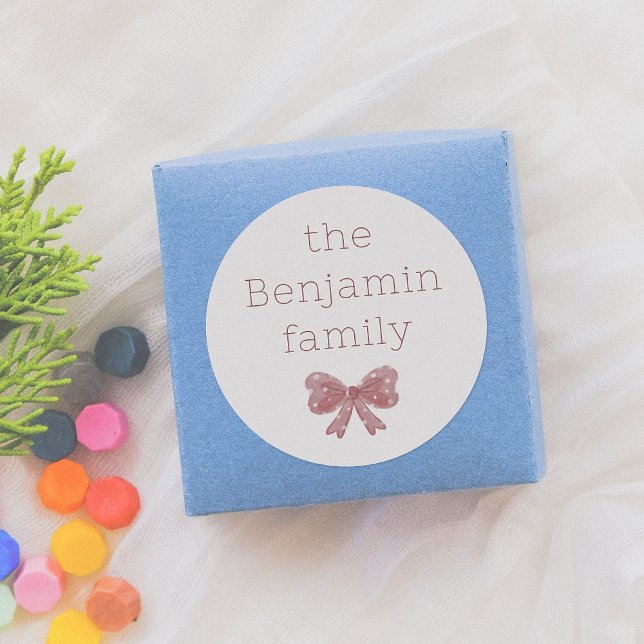 Sticker Rond Petit Bow rouge | Nom de famille personnalisé Noël (Créateur téléchargé)