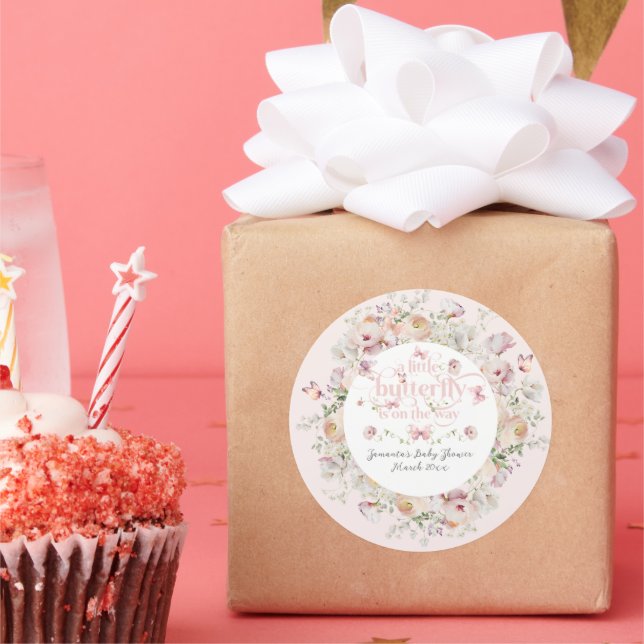 Sticker Rond Petit Buterfly Blush rose Floral Baby shower fille (Fête)