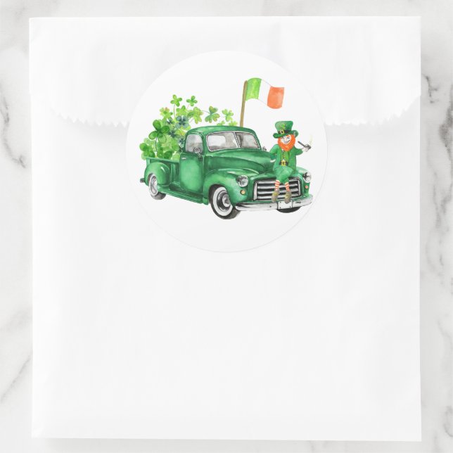 Sticker Rond Petit Camion Leprechaun Merci fête d'anniversaire (Sac)