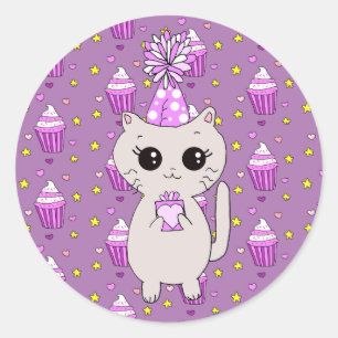 Sticker Rond Petit Chat d'anniversaire mauve