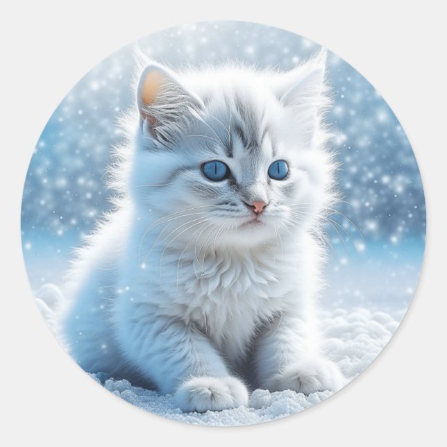 Sticker Rond Petit chaton blanc dans Noël de neige (Devant)