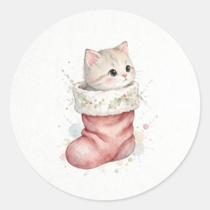 Sticker Rond Petit chaton dans un bas de Noël Classique