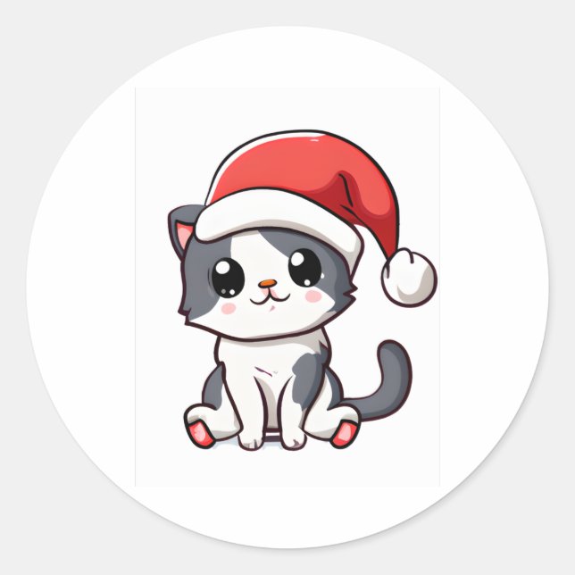 Sticker Rond Petit chaton de Noël portant le chapeau de Père No (Devant)