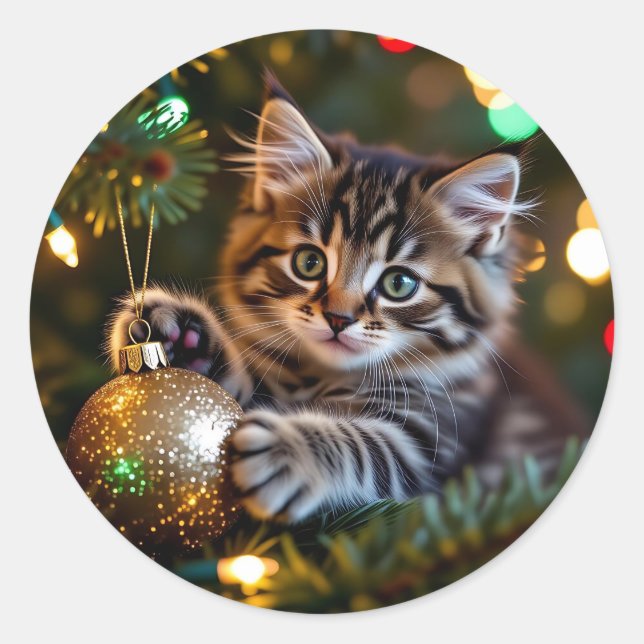 Sticker Rond Petit chaton sur l'arbre de Noël   (Devant)
