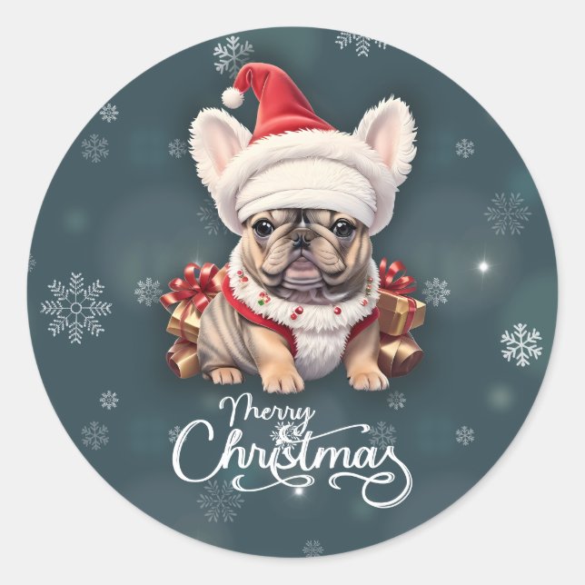 Sticker Rond Petit Chien à taureaux français Santa Hat Joyeux N (Devant)
