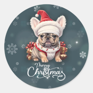 Sticker Rond Petit Chien à taureaux français Santa Hat Joyeux N