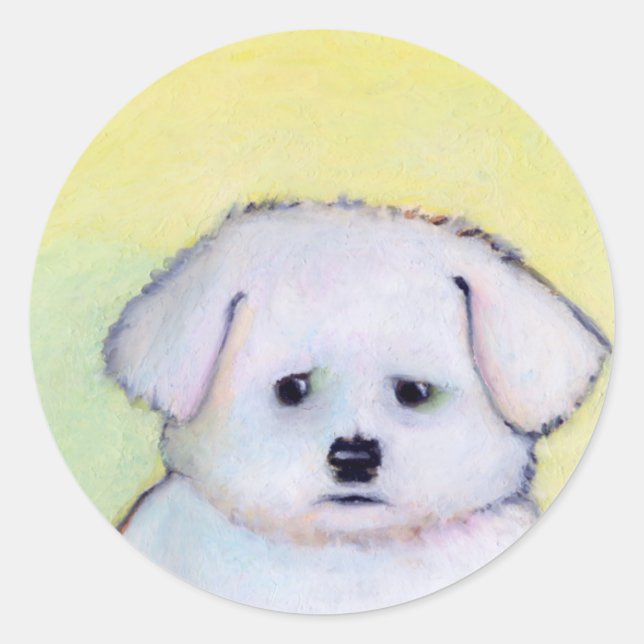 Sticker Rond Petit chien blanc dessin mignon chiot maltais (Devant)