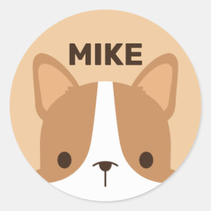 Sticker Rond Petit Chien Corgi mignon avec nom personnalisé