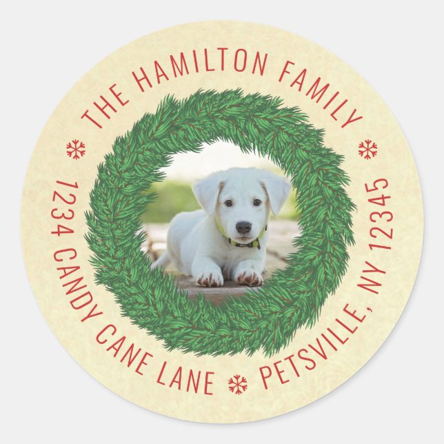 Sticker Rond Petit Chien Couronne de Noël Animal de compagnie p (Devant)