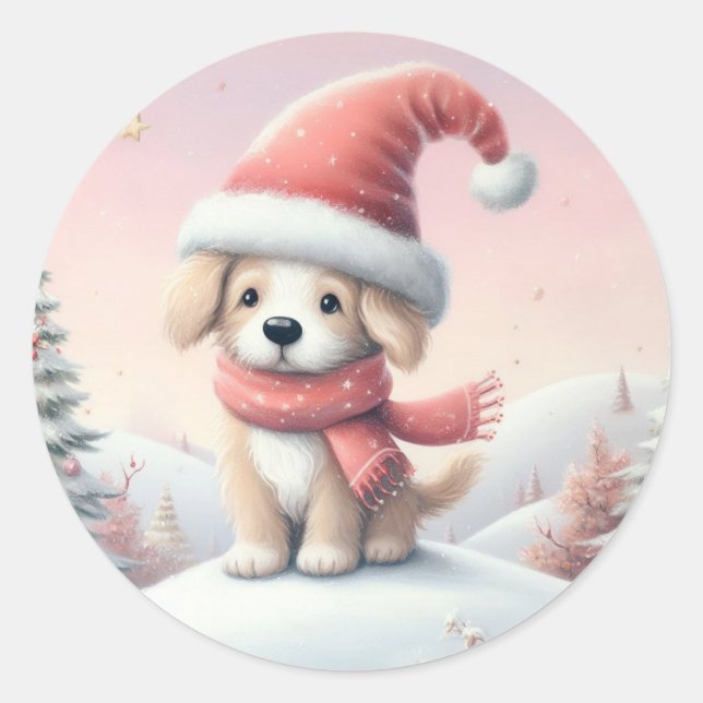 Sticker Rond Petit chiot de Noël en chapeau santa (Devant)