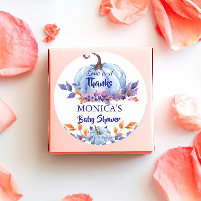 Sticker Rond Petit citrouille bleu garçon baby shower faveur (Little pumpkin boy baby shower  thank you favor gift stickers blue pumpkin autumn foliage favor)