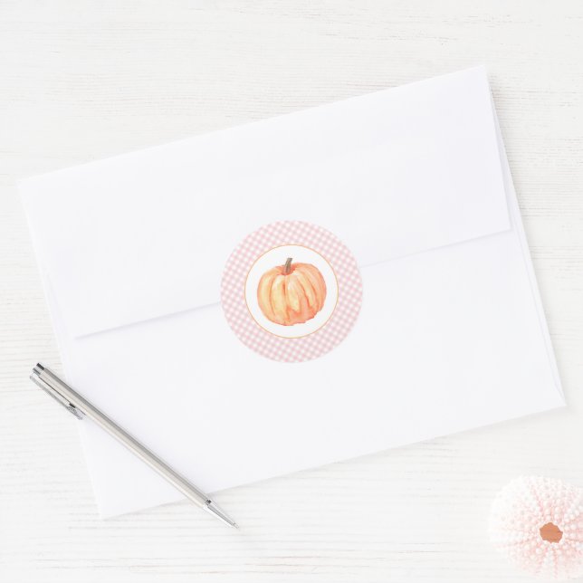 Sticker Rond Petit Citrouille rose pastel plaid premier anniver (Enveloppe)