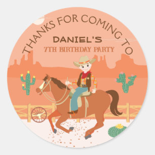 Sticker Rond Petit cow-boy cool et cheval fête d'anniversaire