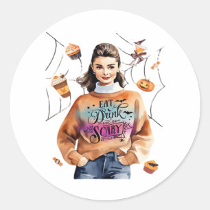 Sticker Rond Petit Déjeuner À Halloween Dîner Boire et être eff