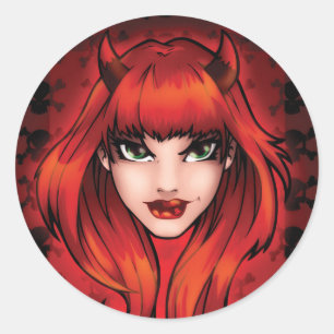 Sticker Rond Petit diable avec crâne personnage de dessin animé