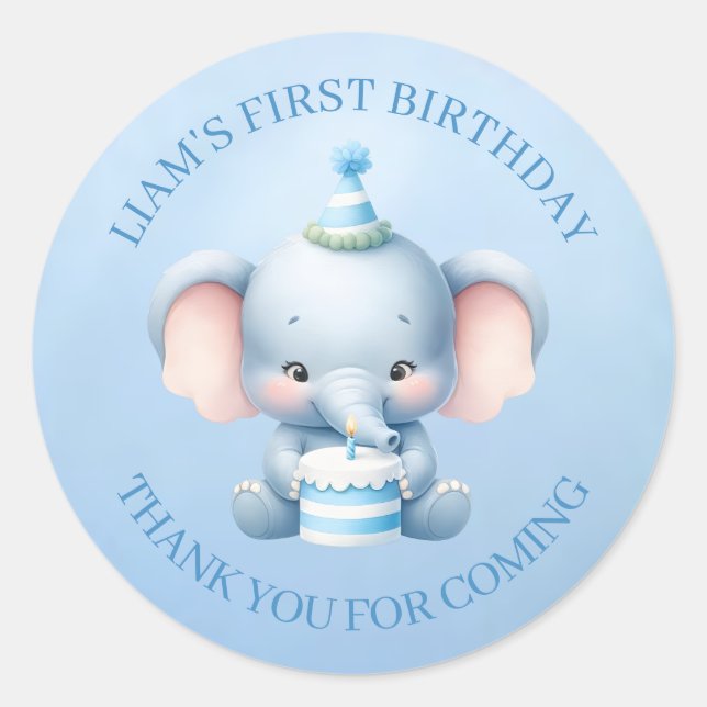Sticker Rond Petit Eléphant mignon 1er Anniversaire Merci bleu (Devant)