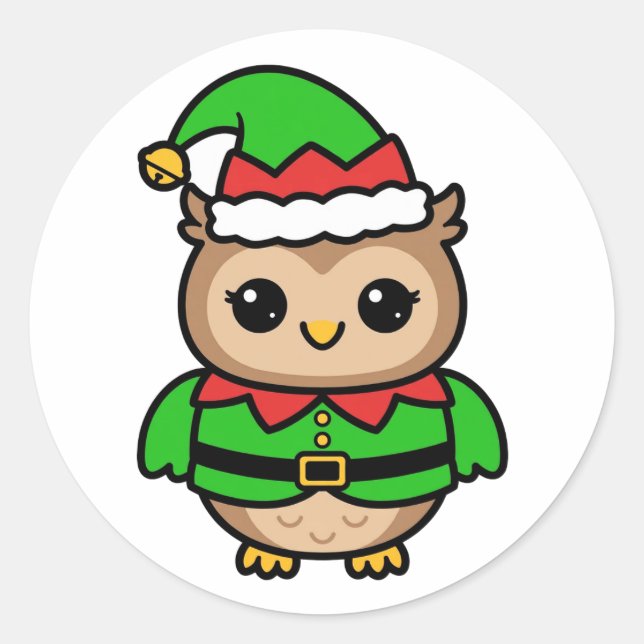 Sticker Rond Petit Elf Hibou Noël (Devant)