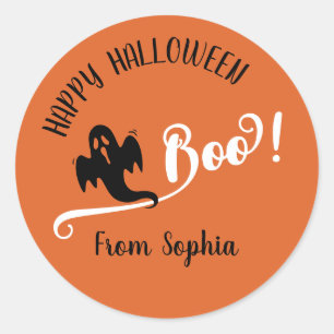 Sticker Rond Petit fantôme Boo Joyeux Halloween Orange