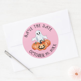 Sticker Rond Petit Fantôme Et Citrouilles Sauvent La Date