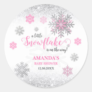 Sticker Rond Petit flocon de neige Rose Paillettes argentées Ba