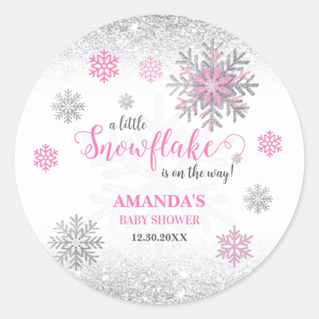 Sticker Rond Petit flocon de neige Rose Paillettes argentées Ba (Devant)