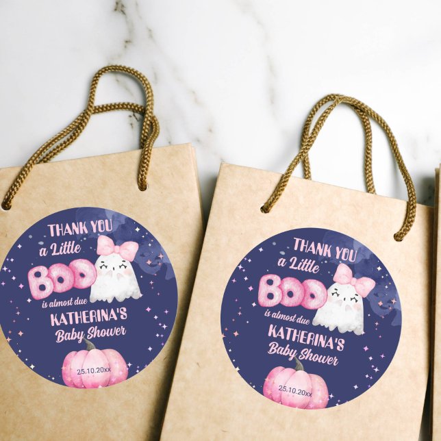 Sticker Rond Petit garçon Halloween fantôme fille baby shower f (Little boo cute girl ghost baby shower thank you favor stickers navy blue background pink pumpkin)