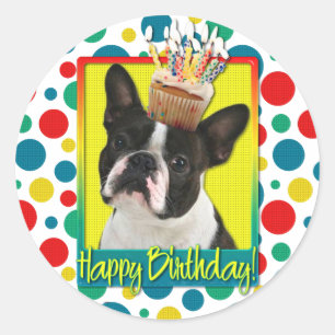 Sticker Rond Petit gâteau d'anniversaire - Boston Terrier