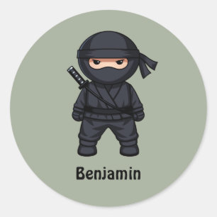 Sticker Rond Petit guerrier ninja sur fond vert sauge