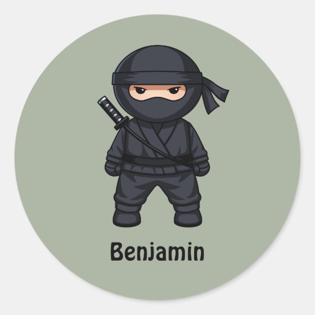 Sticker Rond Petit guerrier ninja sur fond vert sauge (Devant)