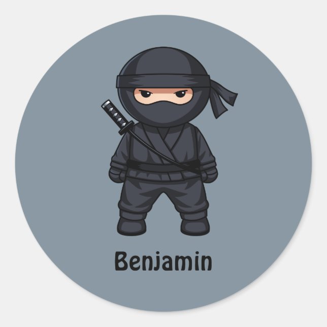 Sticker Rond Petit guerrier ninja sur gris (Devant)