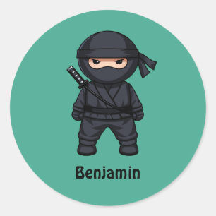 Sticker Rond Petit guerrier ninja sur texte personnalisé vert