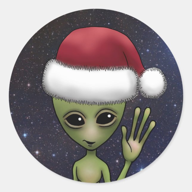 Sticker Rond Petit Homme Vert Alien Espace Noël (Devant)